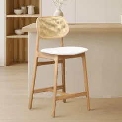 AugustinTabouret snack avec dossier en cannage et assise en tissu* Tabouret Snack (assise +/- 65 Cm)|Tabouret De Bar (assise +/- 80 Cm)