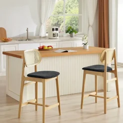 AugustinTabouret snack avec dossier en cannage et assise en tissu* Tabouret Snack (assise +/- 65 Cm)|Tabouret De Bar (assise +/- 80 Cm)