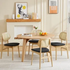 NinaChaise en bois avec dossier en cannage et assise tissu* Chaise De Salle à Manger|Chaise Salon