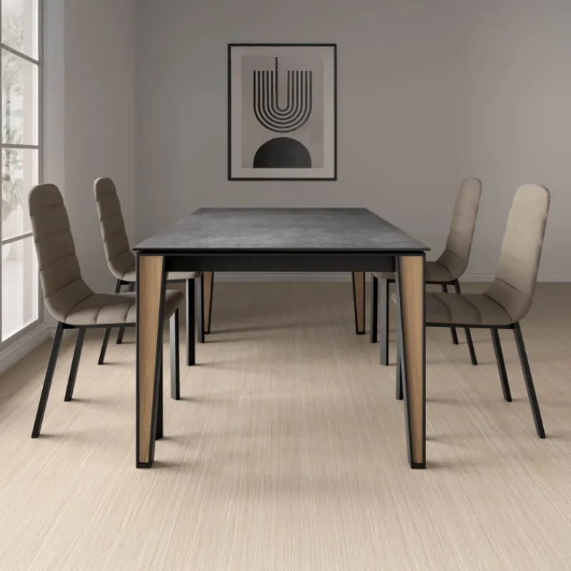 Cancio Okaso Table moderne extensible en céramique avec pieds bois et métal* Table De Salle à Manger